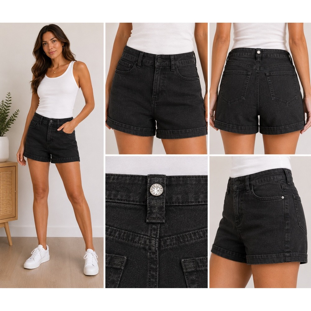 Rebecca Minkoff Shorts Womens 6 Black Coated Denim Cuffed Stretch Mid Rise